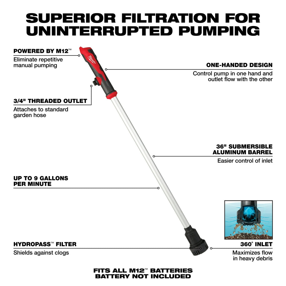 M12 stick transfer pump with red motor housing, aluminum barrel, and black intake head for fluid transfer.