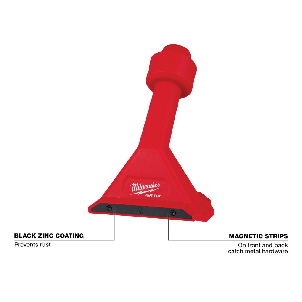 Red Milwaukee AIR-TIP magnetic utility nozzle with black zinc-coated base and magnetic strips on front and back.