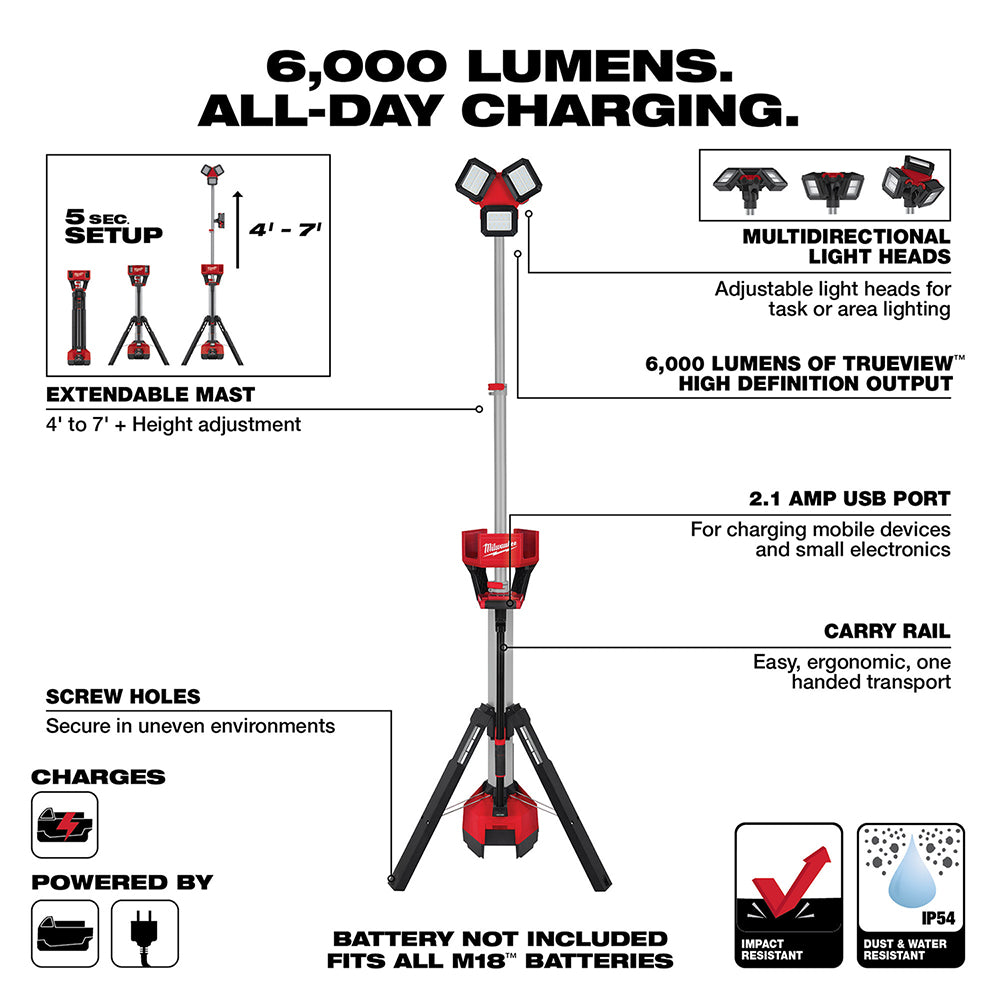 Red and black tower light with adjustable head mounted on extendable tripod stand, 4' to 7' height range.