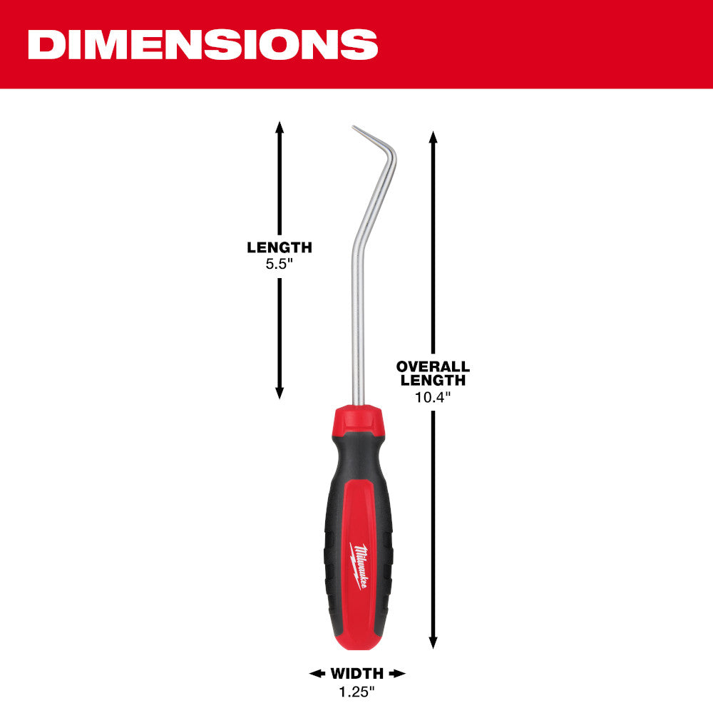 Milwaukee hose pick with curved metal tip and red and black handle, 10.4" overall length.