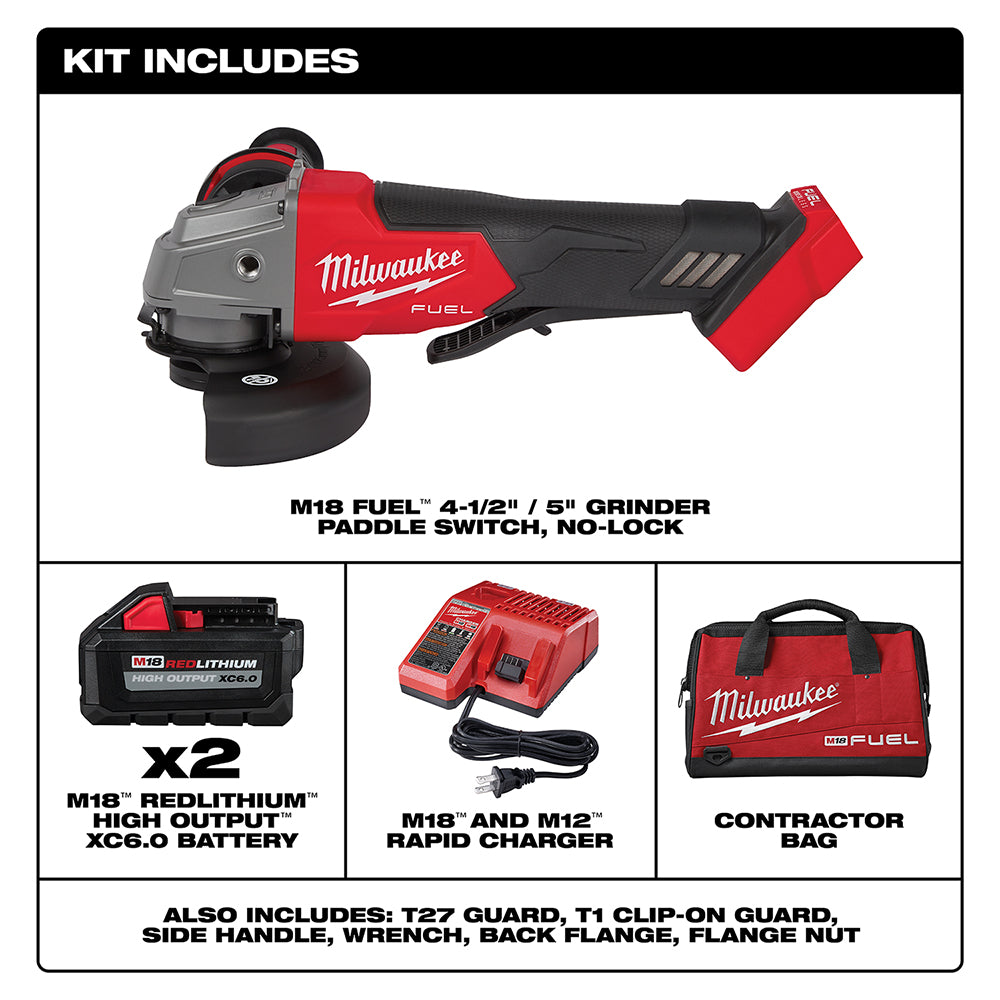 Milwaukee M18 FUEL 4-1/2" / 5" angle grinder with paddle switch, two batteries, charger, and contractor bag.