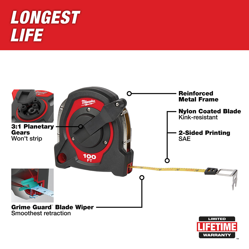 Two Milwaukee 100 ft. closed reel tape measures with red and black housing, nylon coated blade, and reinforced metal frame.