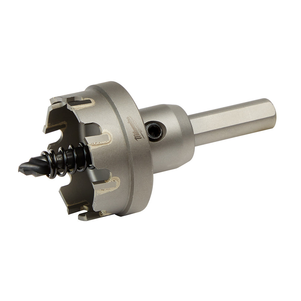 Silver and black carbide hole cutter with cylindrical shank and cutting head featuring fluted edges.