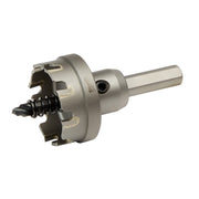 Silver and black carbide hole cutter with cylindrical shank and cutting head featuring fluted edges.