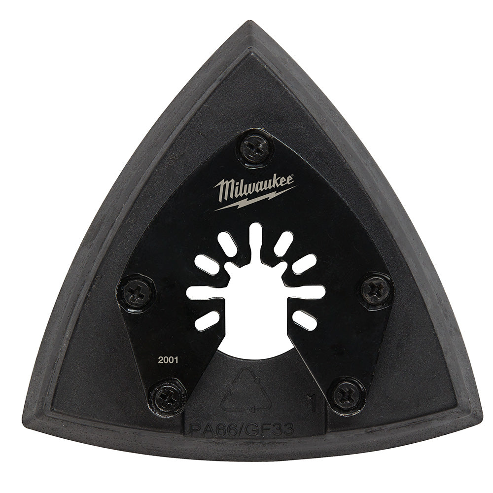Milwaukee OPEN-LOK 3-1/2" triangle sanding pad with black surface and grip slots for oscillating sanders.