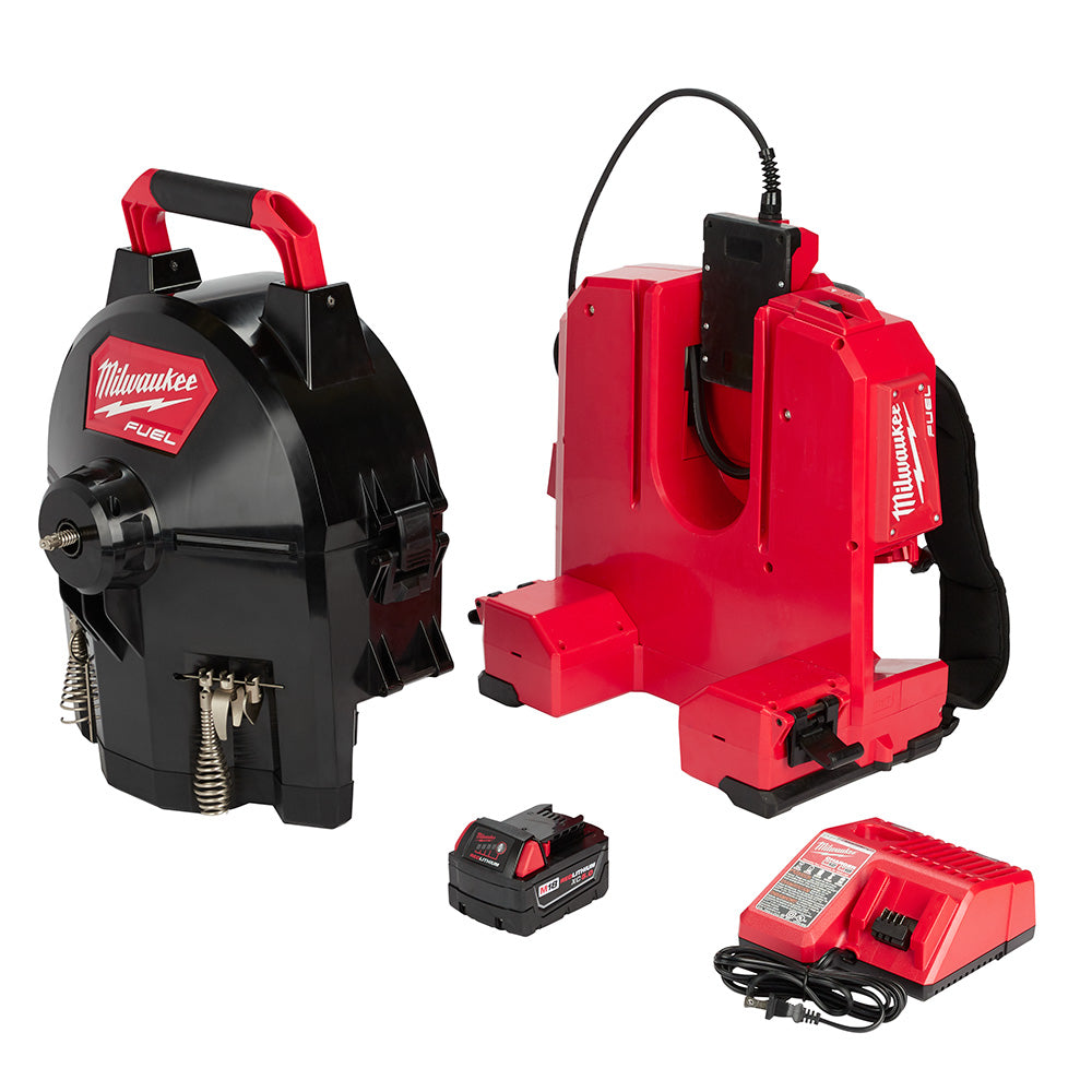 Milwaukee M18 FUEL sectional drum system with red backpack unit, black portable drum, battery, and red charger with power cor