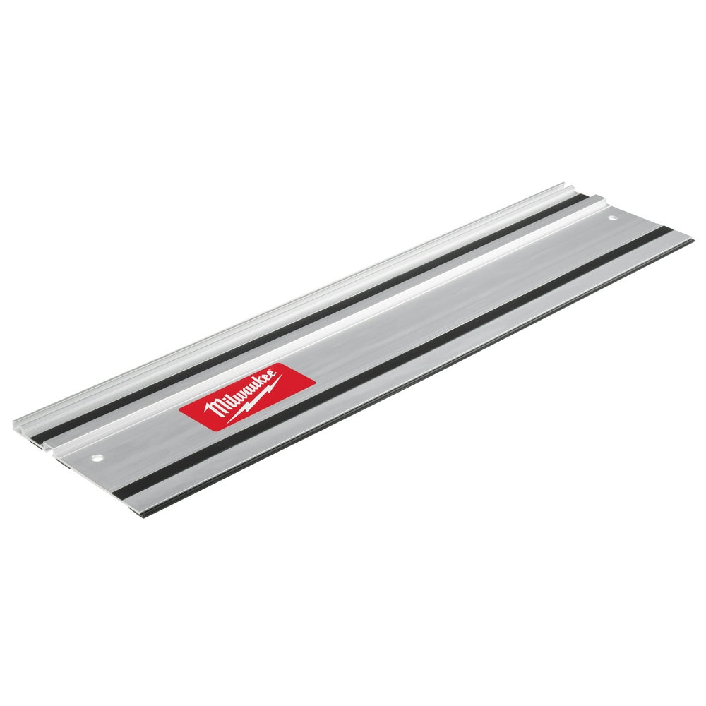 Silver aluminum guide rail with black channel grooves and Milwaukee red logo label.