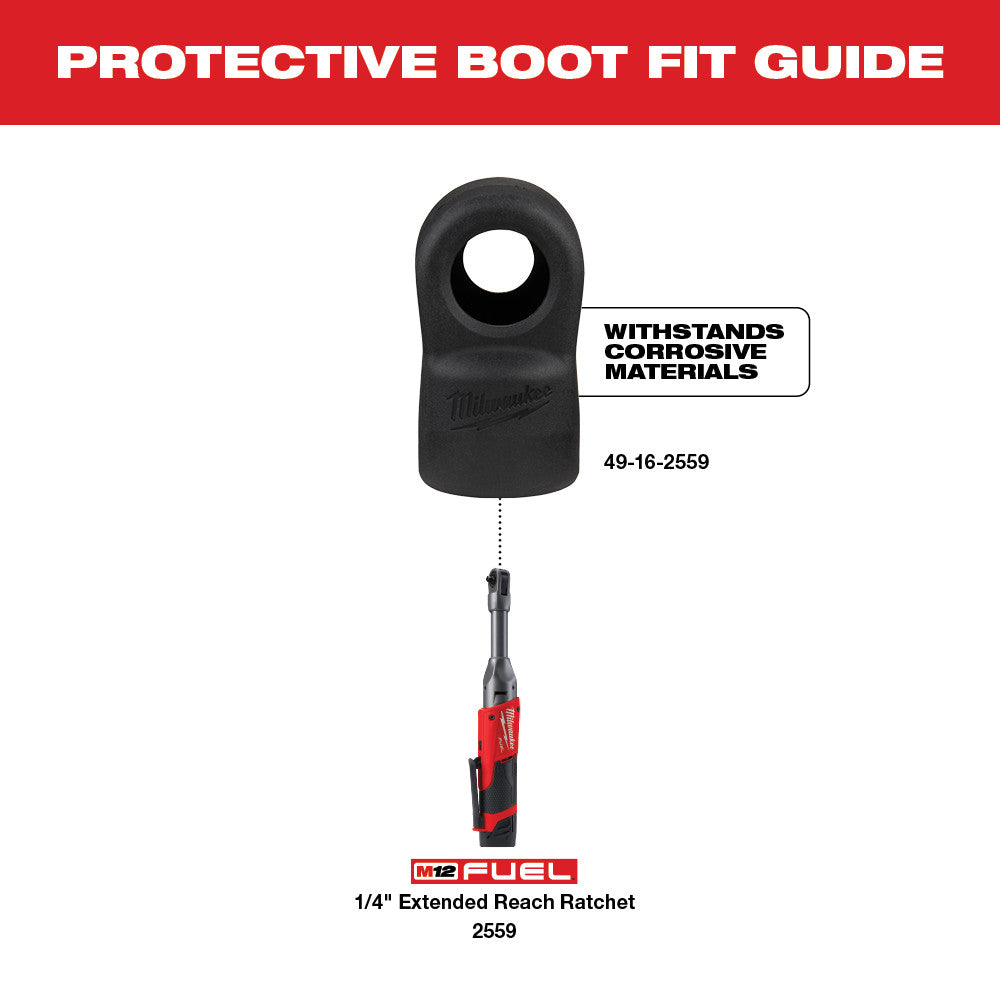 Black rubber protective boot with center hole and Milwaukee branding, shown fitting over M12 FUEL 1/4 inch extended reach rat