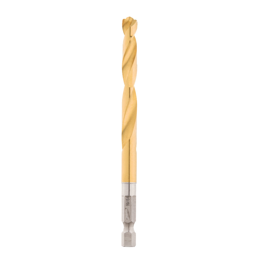 Gold titanium-coated twist drill bit with hexagonal shank and pointed tip.