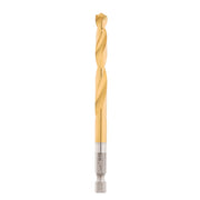 Gold titanium-coated twist drill bit with hexagonal shank and pointed tip.