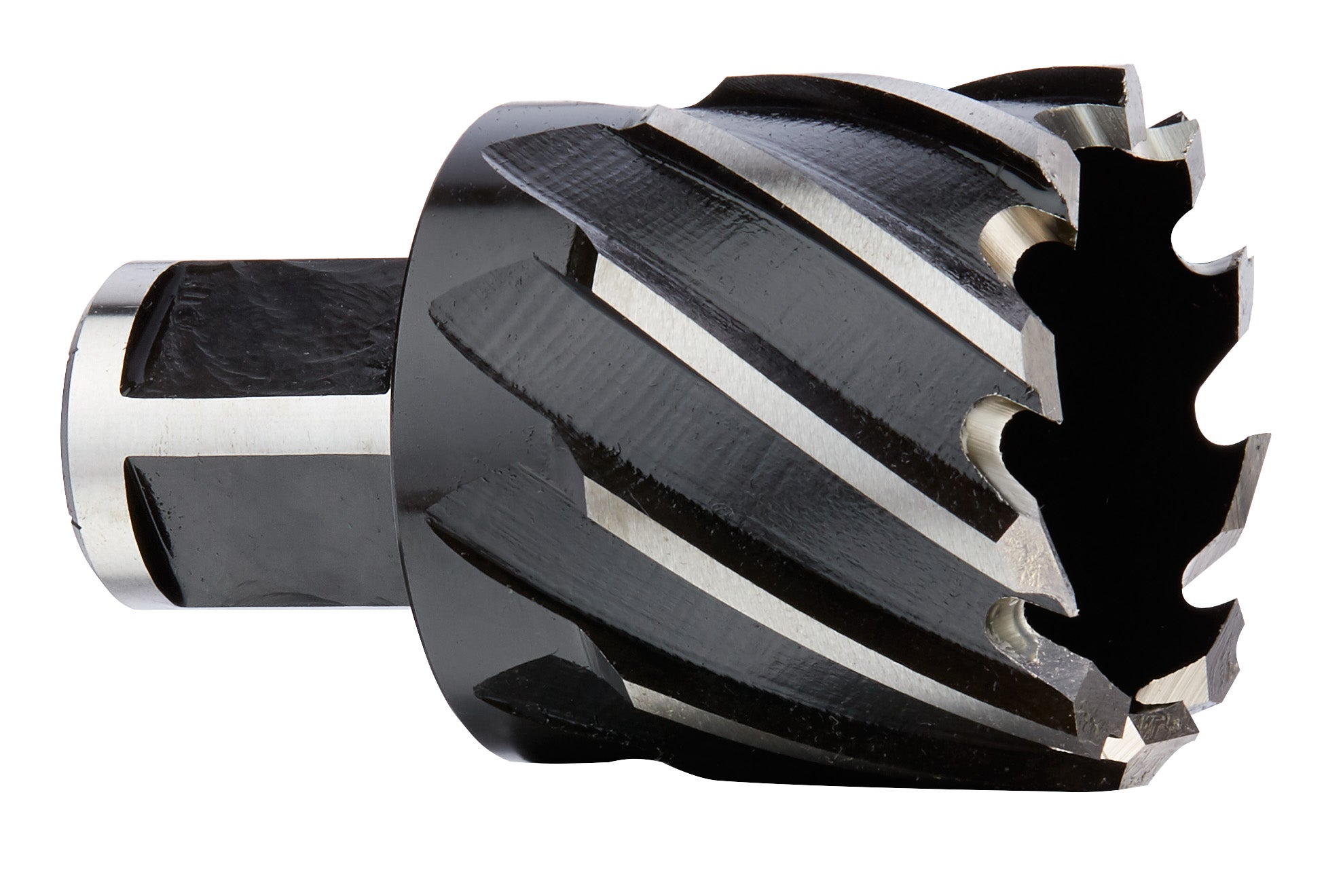 Milwaukee 1-3/8 inch HSS annular cutter with 1 inch depth, featuring fluted cutting edges and cylindrical shank.