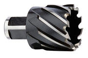 Black and silver HSS annular cutter with spiral flutes and cylindrical shank, 1-3/4 inch diameter cutting head.