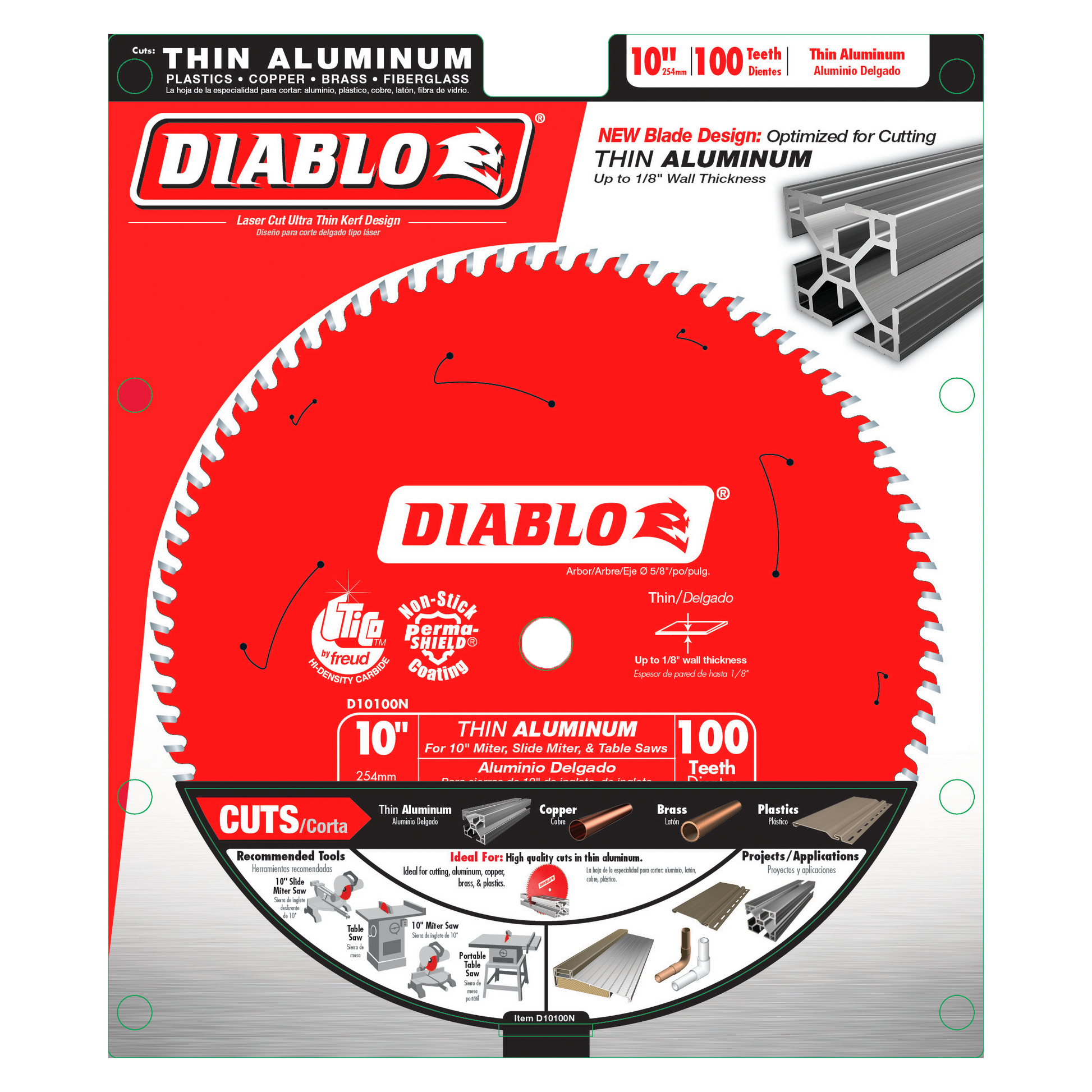 Red circular saw blade with 100 white teeth, Diablo branding, designed for cutting thin aluminum.