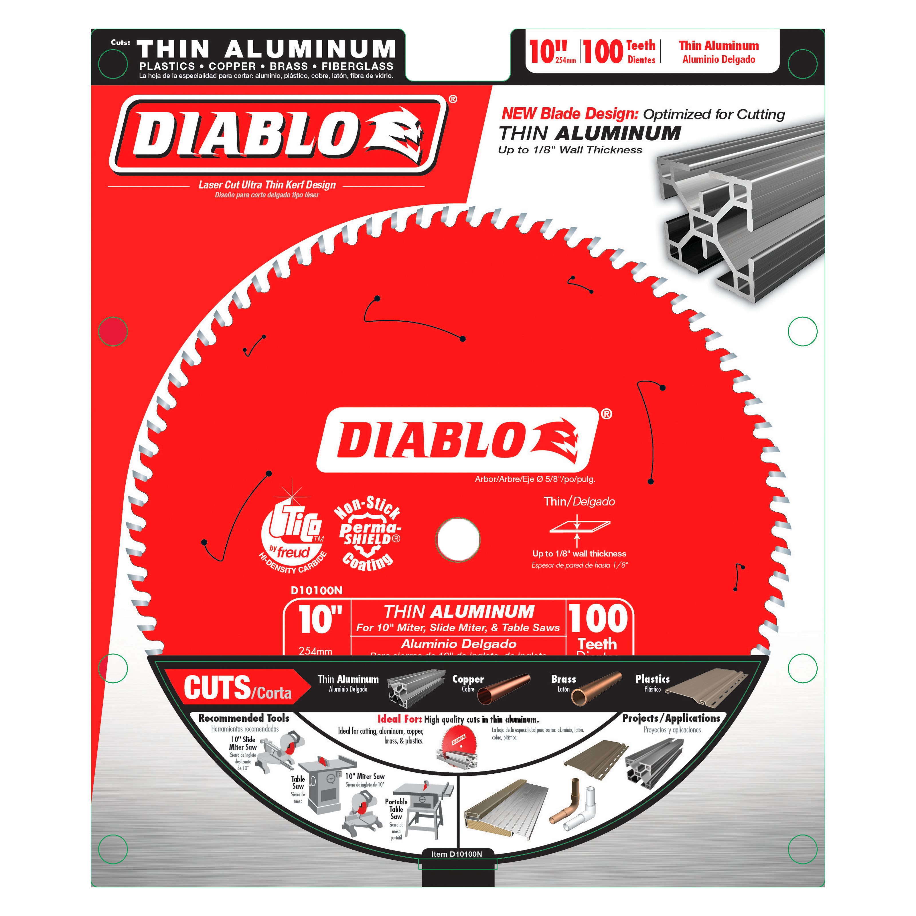 Red circular saw blade with 100 white teeth, Diablo branding, designed for cutting thin aluminum.
