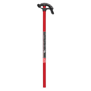 Red and black conduit bender with long shaft and curved metal head for bending 1/2 inch iron conduit.