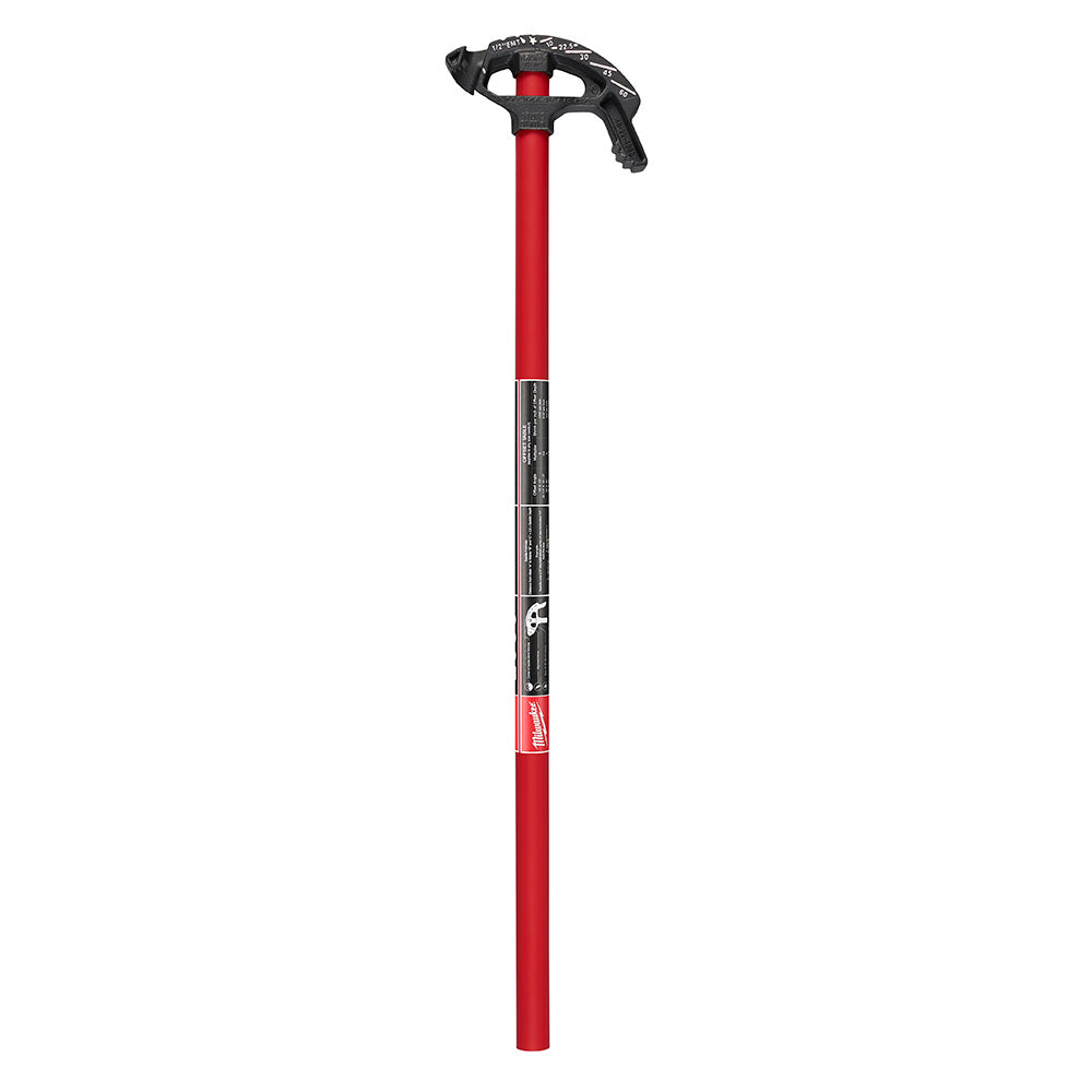 Red and black conduit bender with long shaft and curved metal head for bending 1/2 inch iron conduit.
