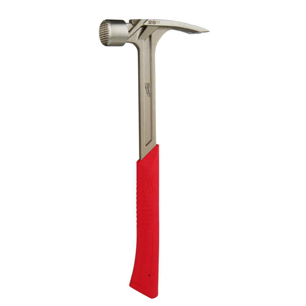 Framing hammer with milled face head, curved claw, metal shaft, and red grip handle.