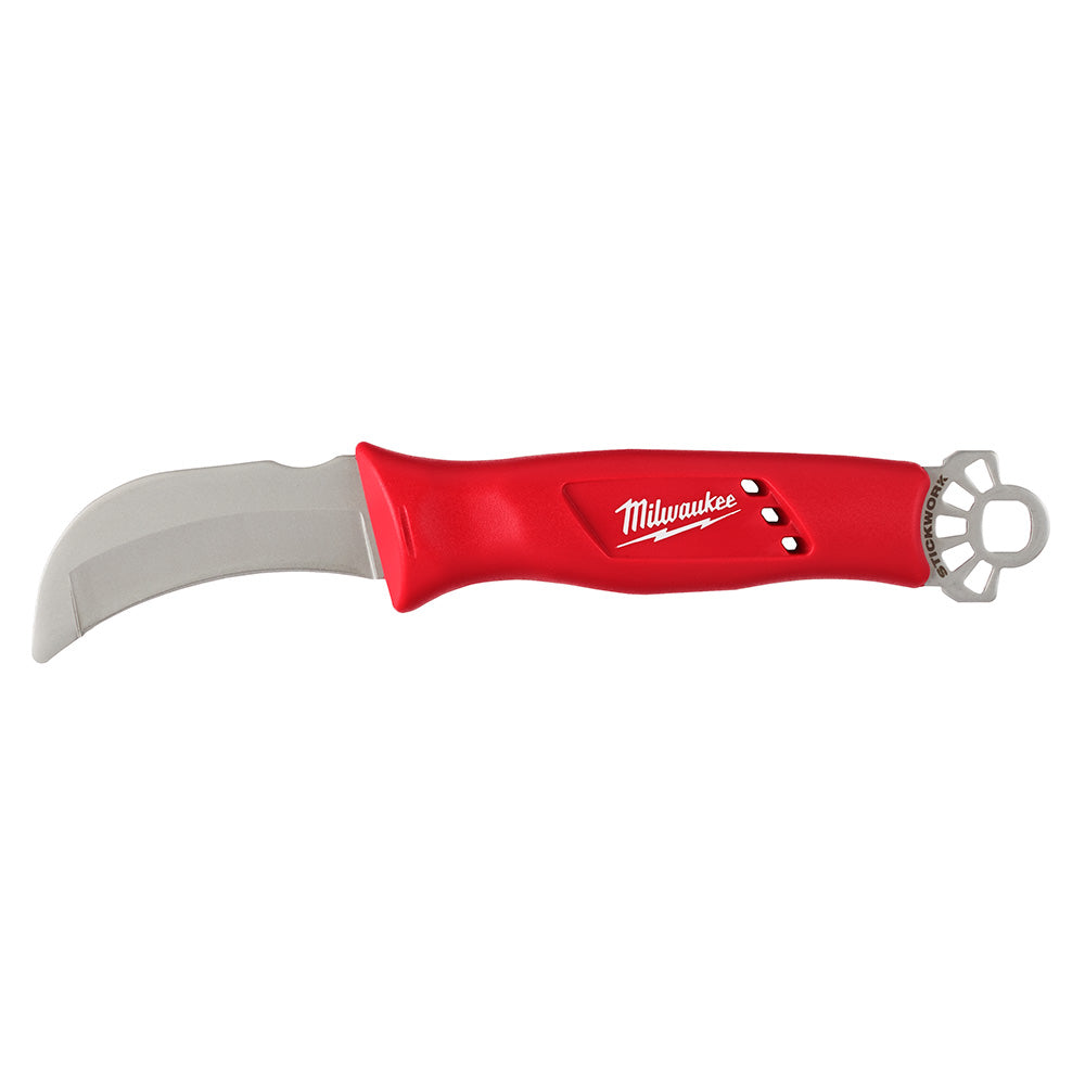 Milwaukee lineman knife with red handle, curved blunt-tip blade, and metal ring on pommel.