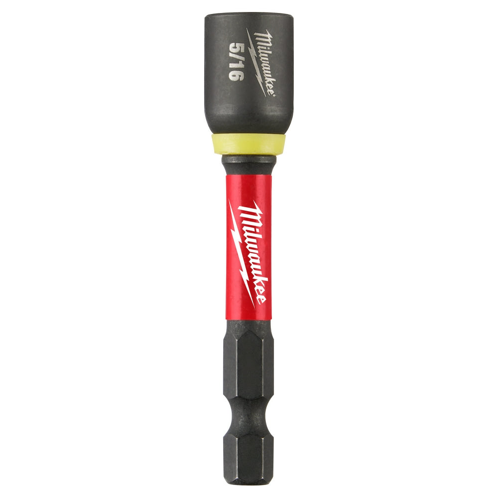 Milwaukee Shockwave magnetic nut driver with black socket, yellow collar, red shaft, and black bit end.