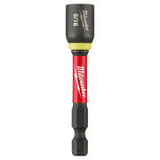 Milwaukee Shockwave magnetic nut driver with black socket, yellow collar, red shaft, and black bit end.