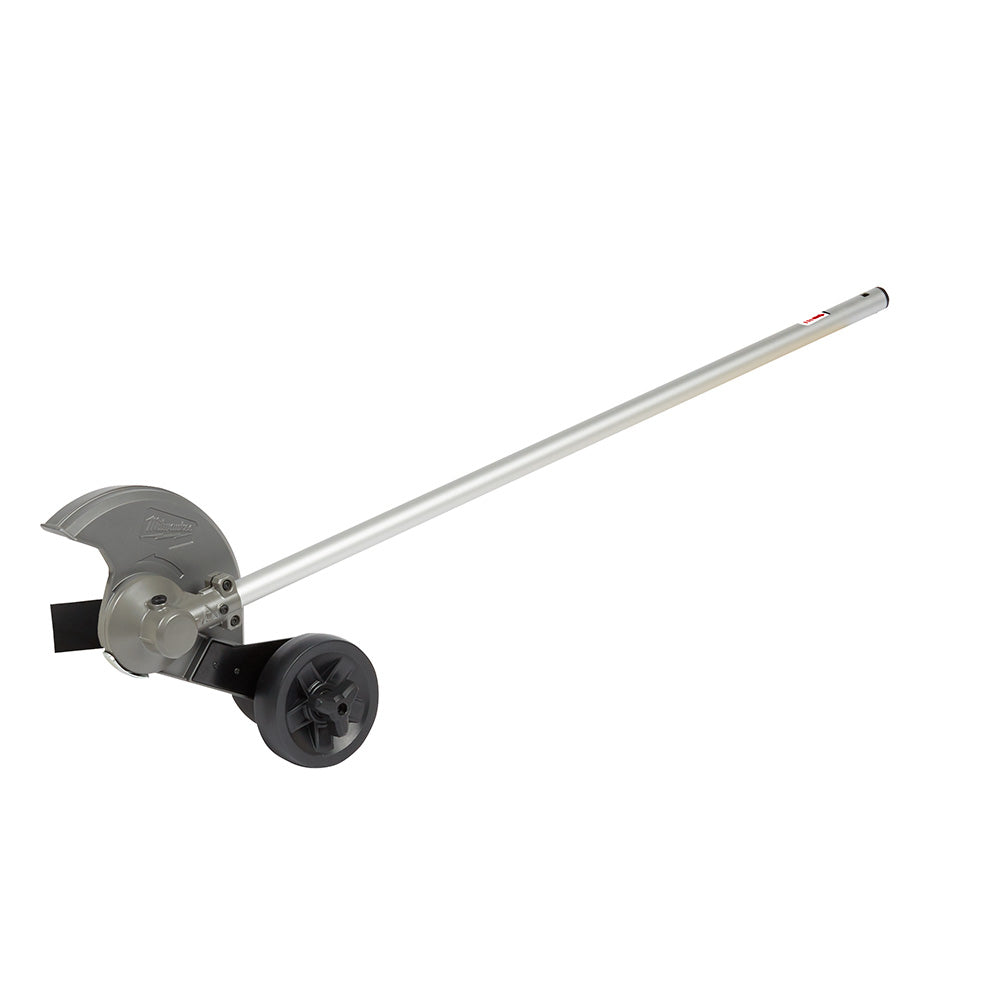 Milwaukee M18 FUEL edger attachment with aluminum shaft, gray cutting guard, and black wheel base.