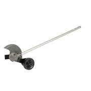 Milwaukee M18 FUEL edger attachment with aluminum shaft, gray cutting guard, and black wheel base.