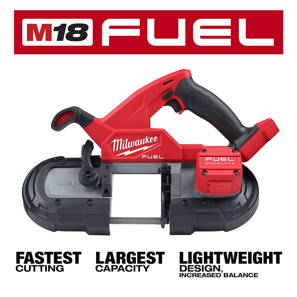 Milwaukee M18 FUEL compact band saw with red and black housing, dual handles, and exposed blade cutting area.