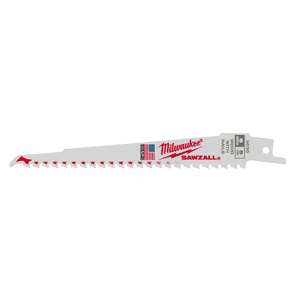 Milwaukee SAWZALL reciprocating saw blade with red teeth and mounting tang, 6 inches long.