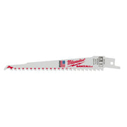 Milwaukee SAWZALL reciprocating saw blade with red teeth and mounting tang, 6 inches long.
