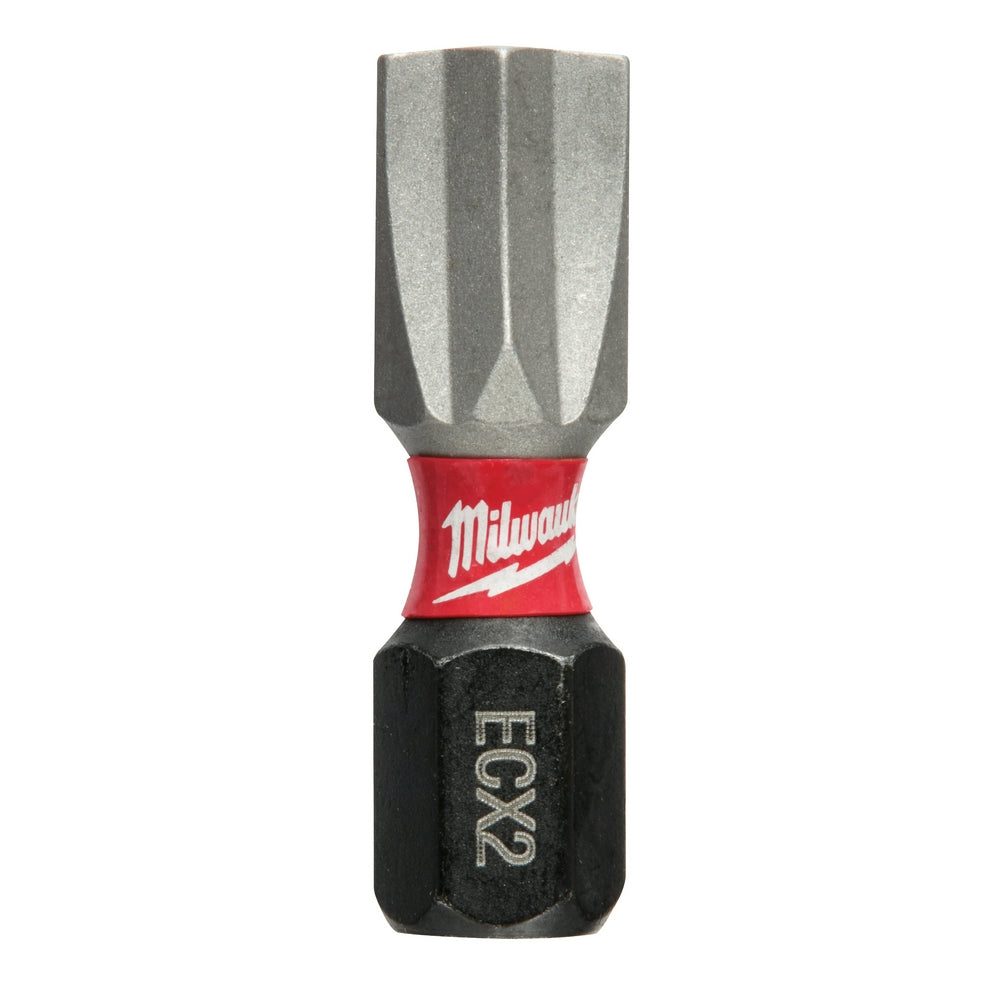 Milwaukee Shockwave Impact ECX #2 insert bit with gray metal tip, red and black grip collar, and engraved markings.
