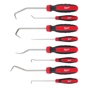 Eight Milwaukee hook and pick tools with red and black handles and varying curved steel tips.