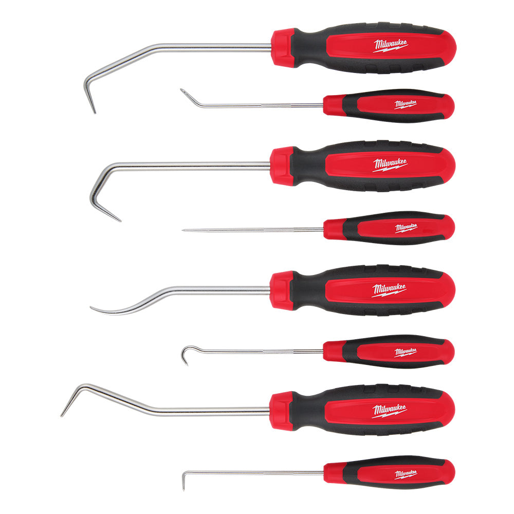 Eight Milwaukee hook and pick tools with red and black handles and varying curved steel tips.