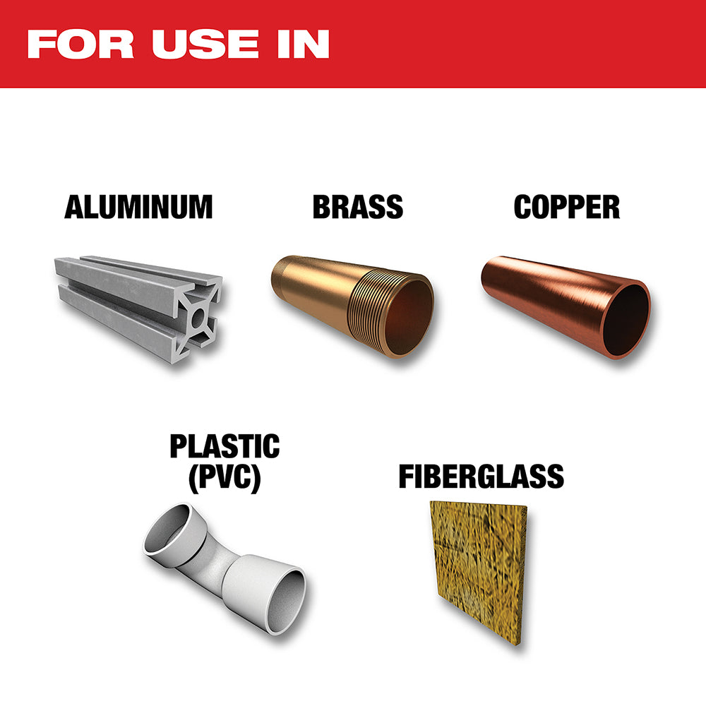 Circular saw blade with teeth around the edge, labeled for use cutting aluminum, brass, copper, plastic, and fiberglass mater