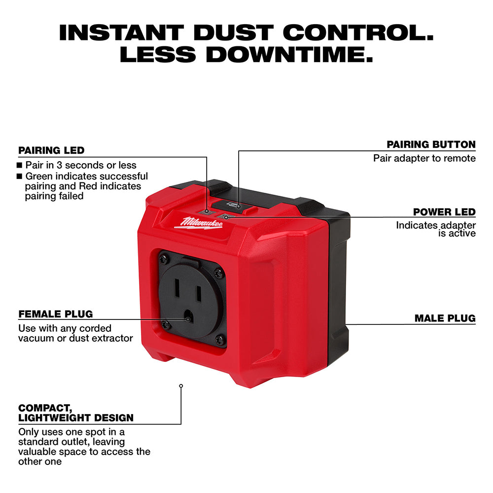 Red and black Milwaukee wireless dust control adapter with female outlet, pairing button, and status LEDs labeled.