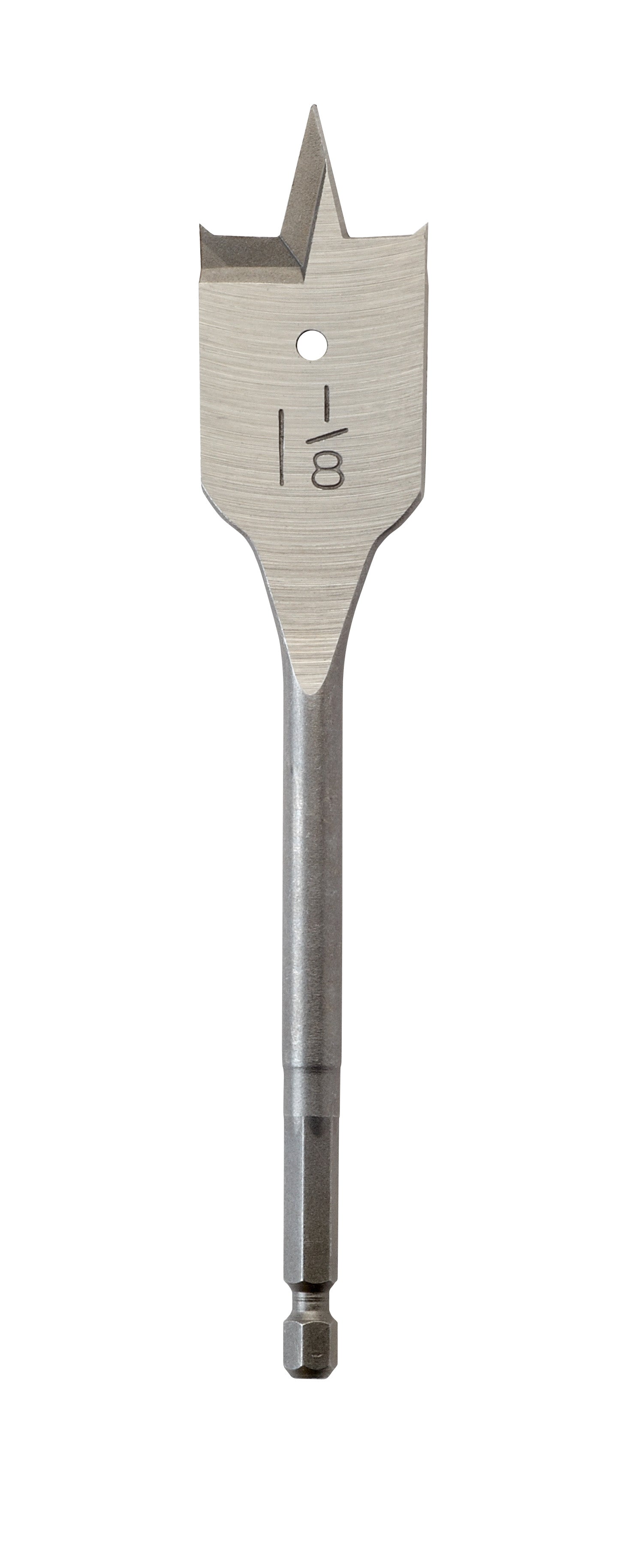 Steel flat boring bit with pointed center tip, marked "1/8" on shaft, hex end attachment at bottom.