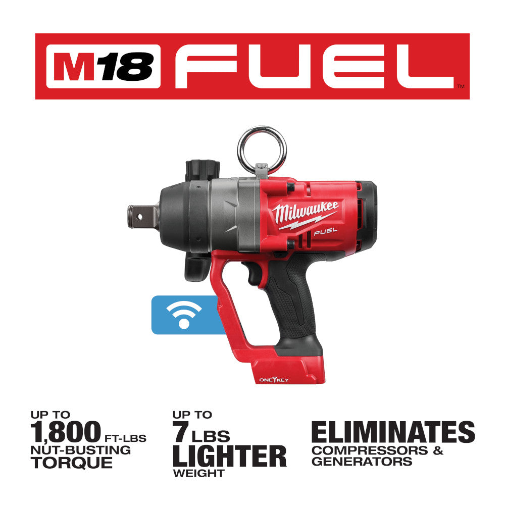 Milwaukee M18 FUEL 1" high torque impact wrench with red and black body, grip handle, and ONE-KEY connectivity icon.
