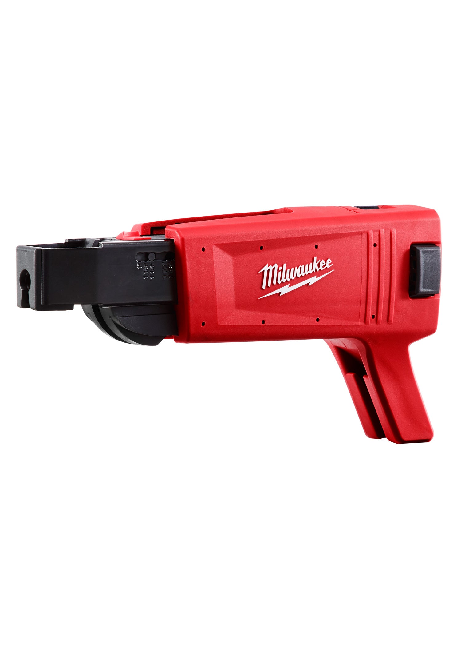 Red and black Milwaukee drywall collated magazine attachment with trigger grip and black cartridge chamber on left side.