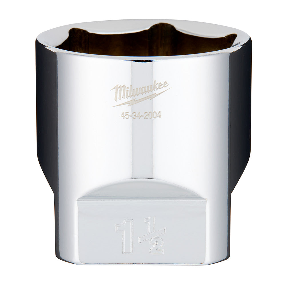 Polished chrome socket with 1/2" drive and 1-1/2" opening, Milwaukee branded.
