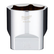 Polished chrome socket with 1/2" drive and 1-1/2" opening, Milwaukee branded.