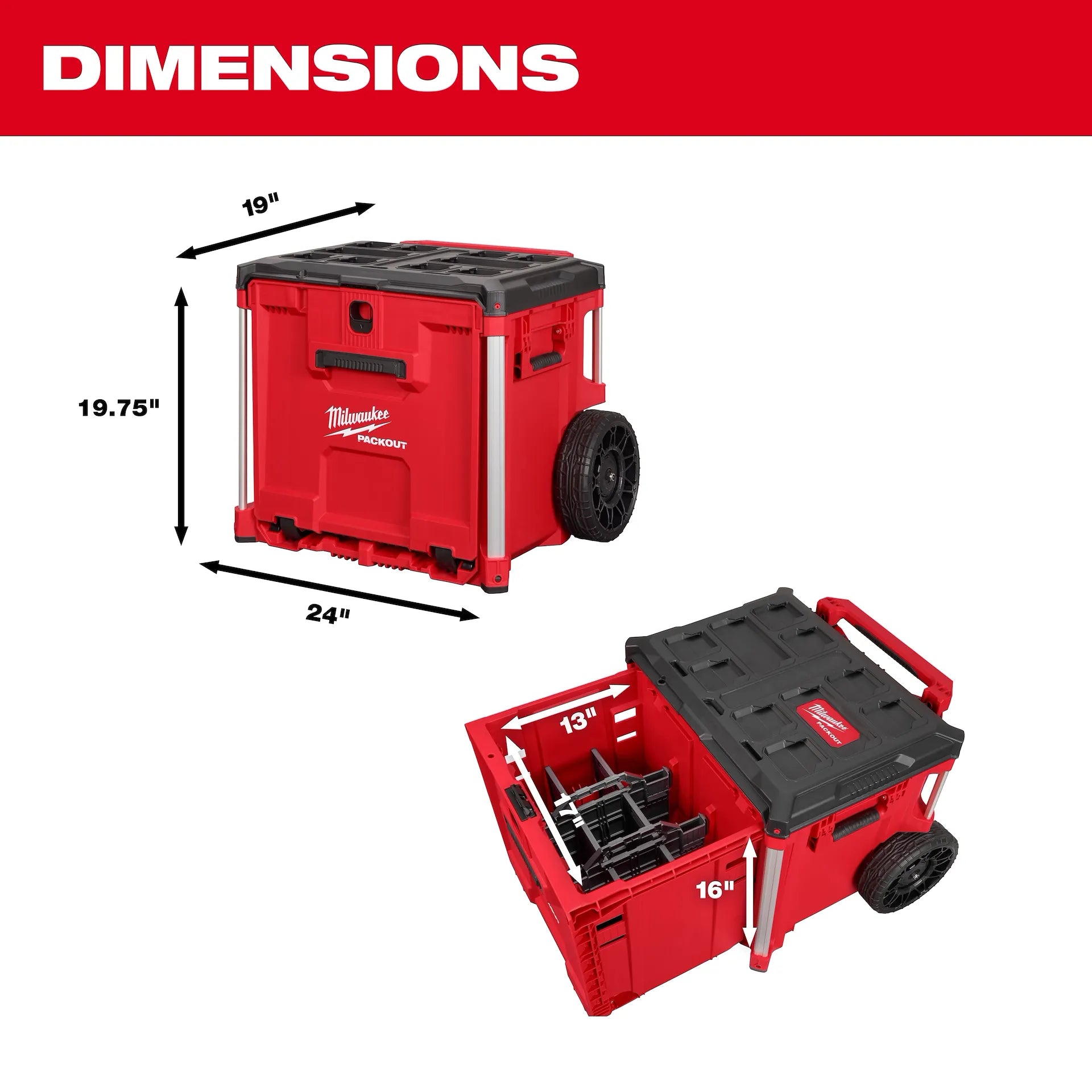 Red Milwaukee PACKOUT rolling tool box with black top, wheels, and handles, shown closed and open with dimensions of 19"W x 2