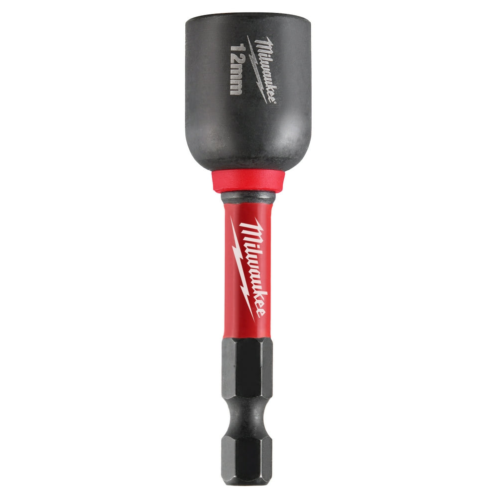 Milwaukee Shockwave 12mm magnetic nut driver with black socket, red grip, and black bit holder.
