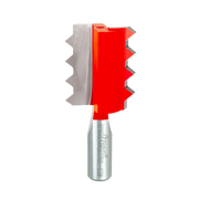Raised panel V joint router bit with red body, silver cutting edges, and metal shank labeled with product information.