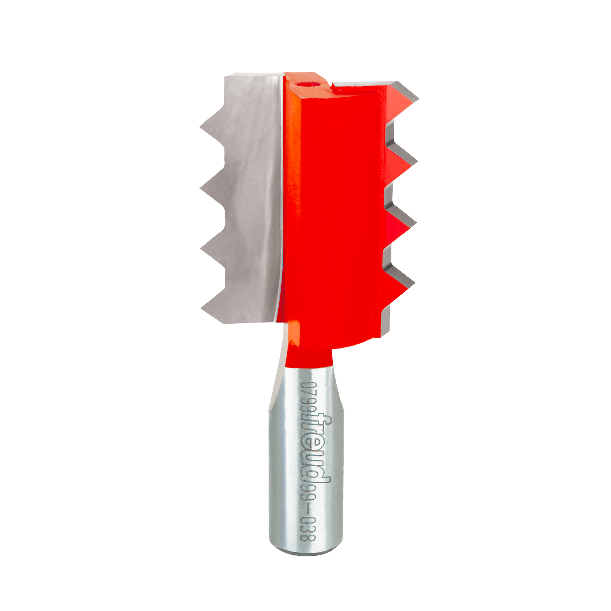Raised panel V joint router bit with red body, silver cutting edges, and metal shank labeled with product information.