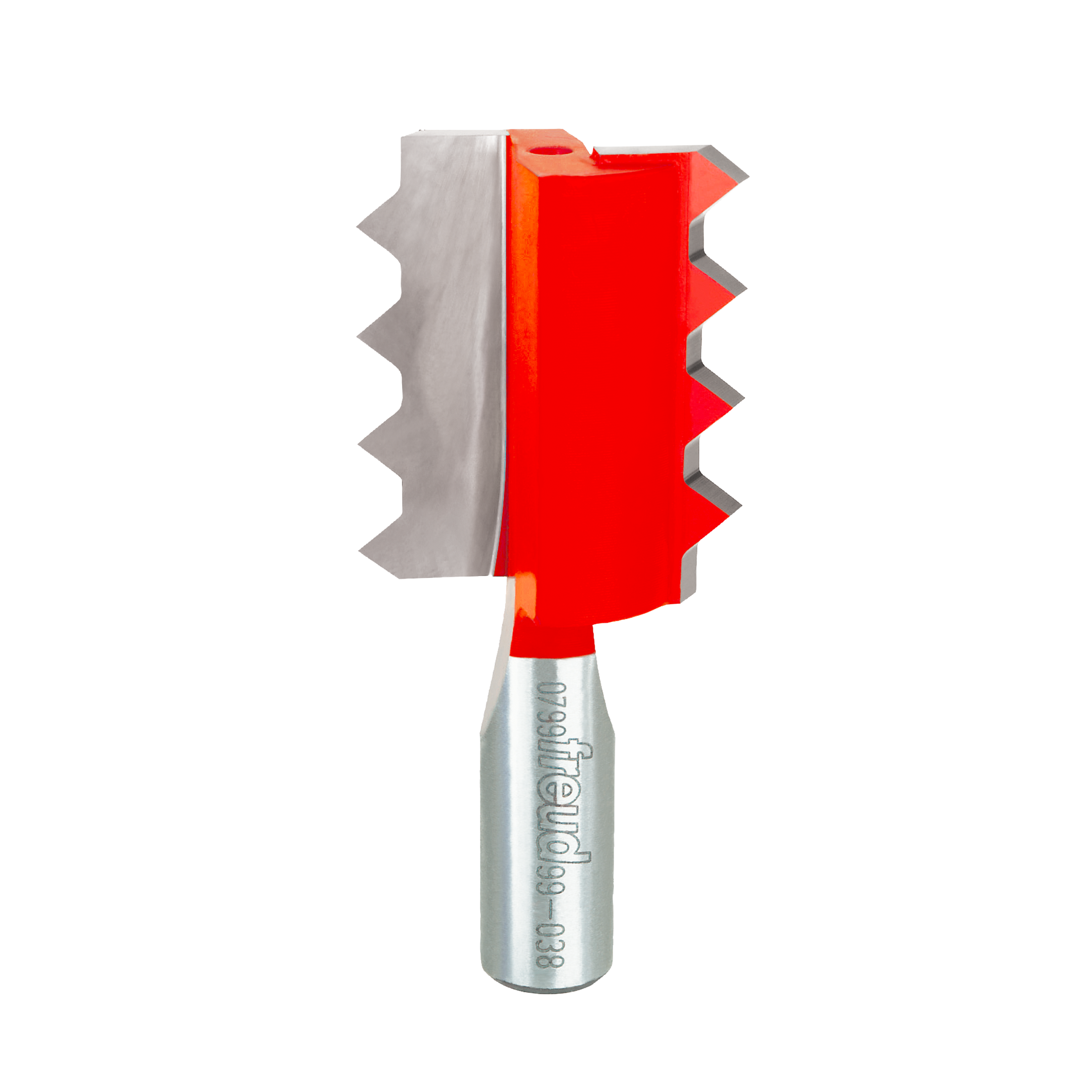Raised panel V joint router bit with red body, silver cutting edges, and metal shank labeled with product information.