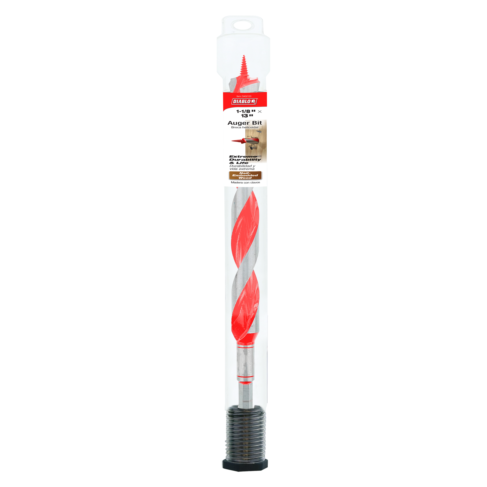 Diablo auger bit with red flutes, silver shaft, and threaded black base in clear plastic packaging.