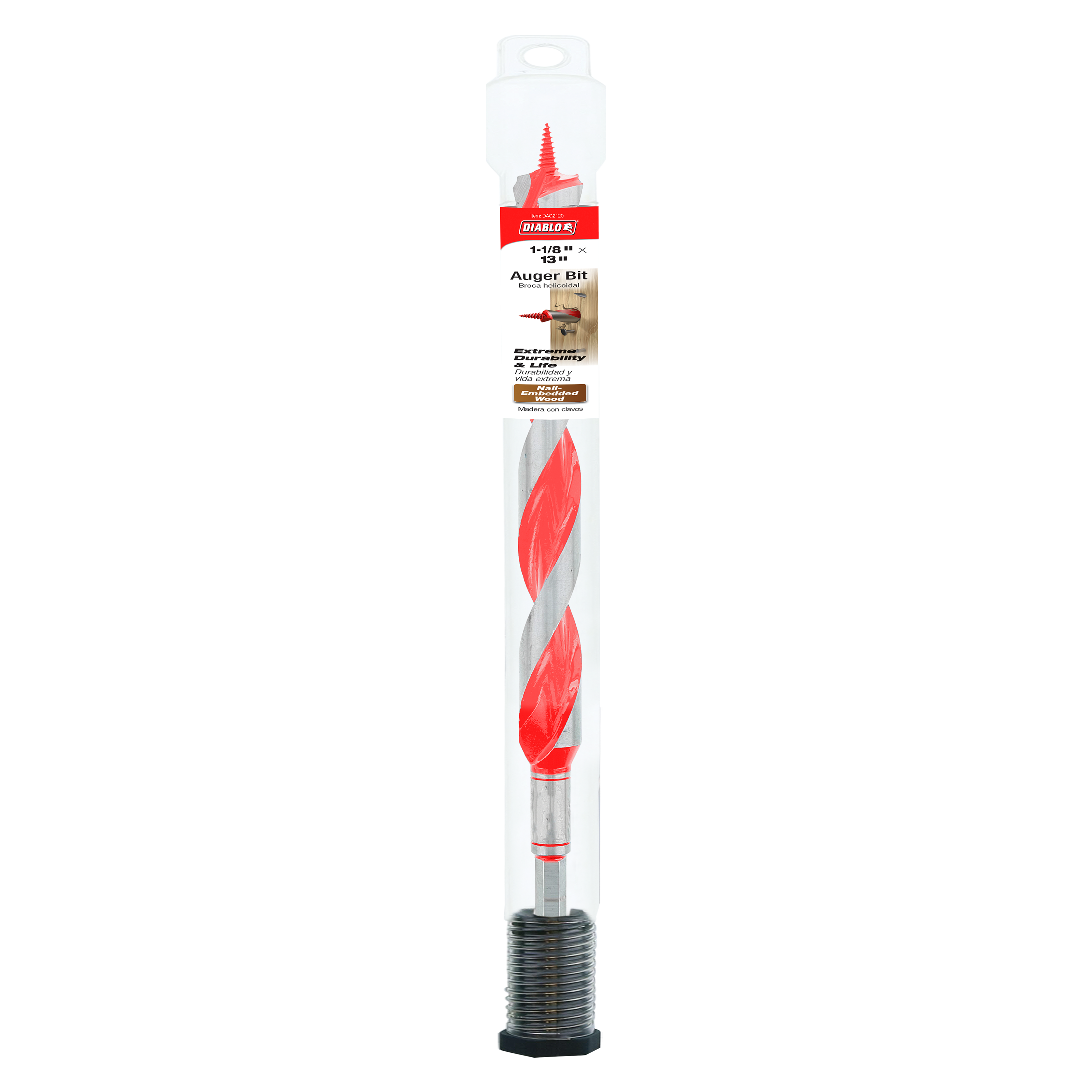 Diablo auger bit with red flutes, silver shaft, and threaded black base in clear plastic packaging.