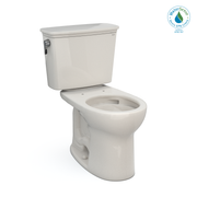 Sedona beige two-piece toilet with round bowl, matching tank, and lever handle on left side.