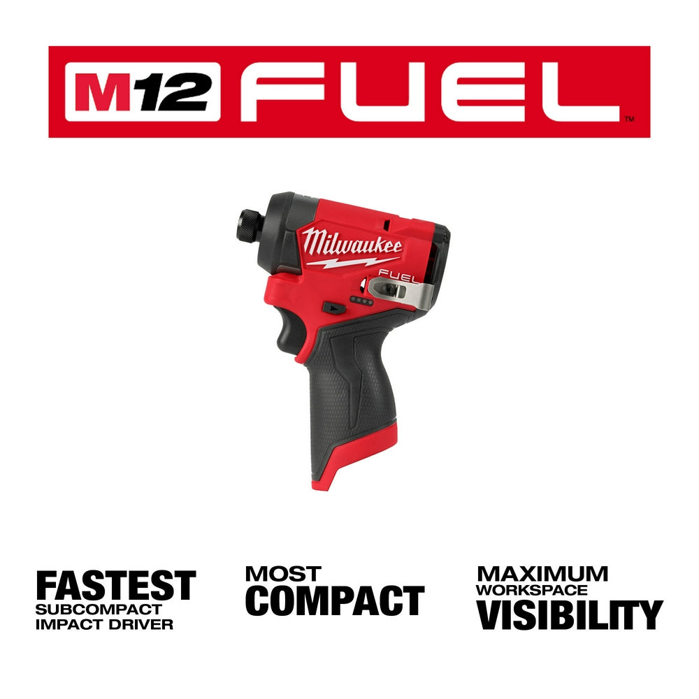 Red and black Milwaukee M12 FUEL 1/4" hex impact driver with trigger and grip visible.
