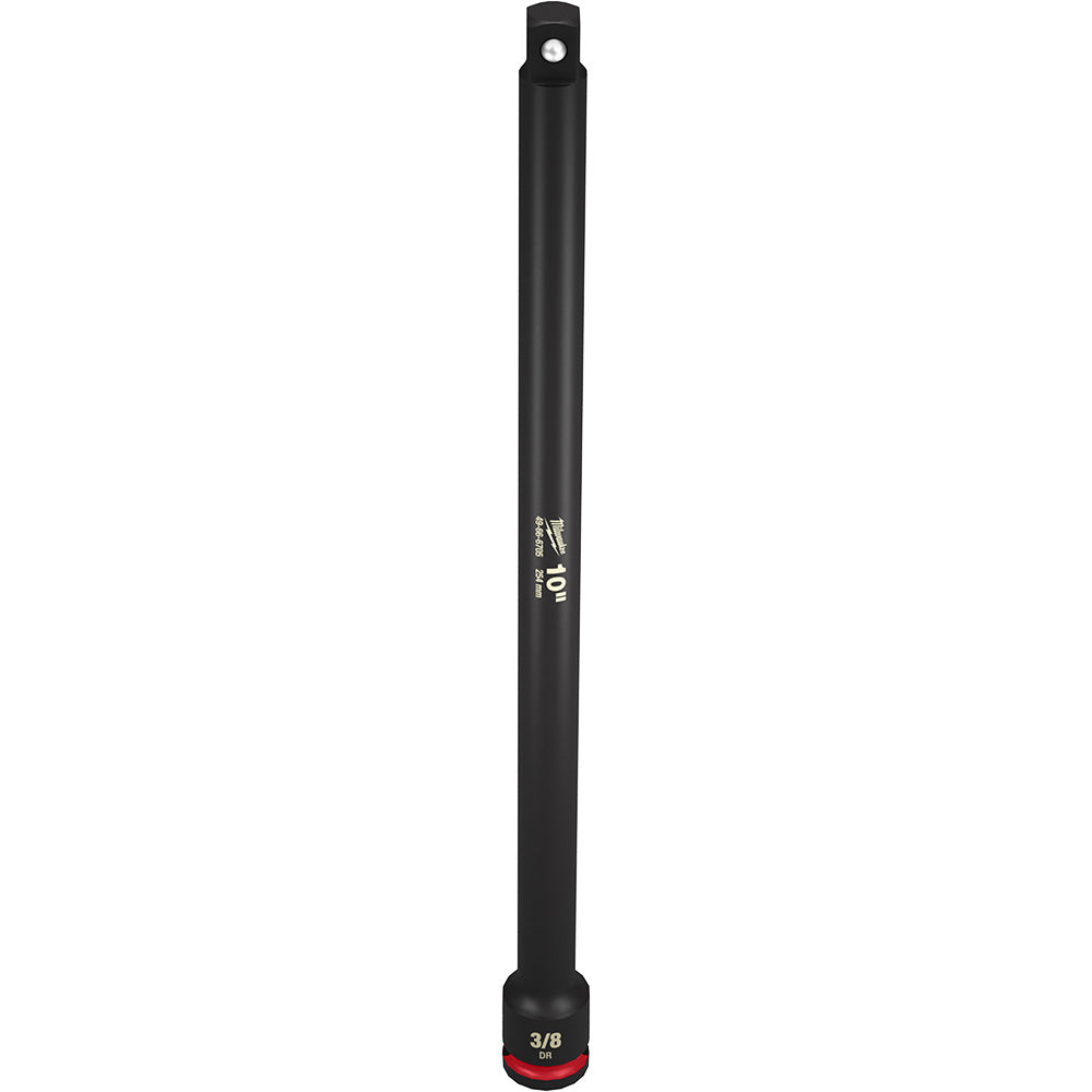 Black socket extension with 3/8" drive, 10" length, Milwaukee Shockwave branding on shaft.
