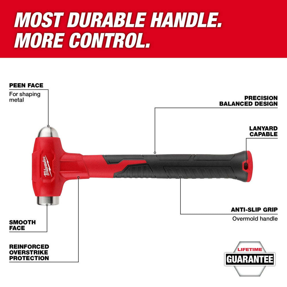 Milwaukee 16oz ball peen hammer with red and black handle, featuring peen face for metal shaping and smooth striking face.